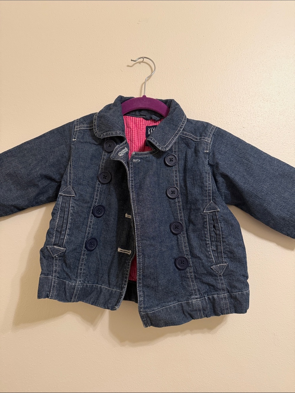 GAP Navy Denim Double-Breasted Jacket with Pink Lining